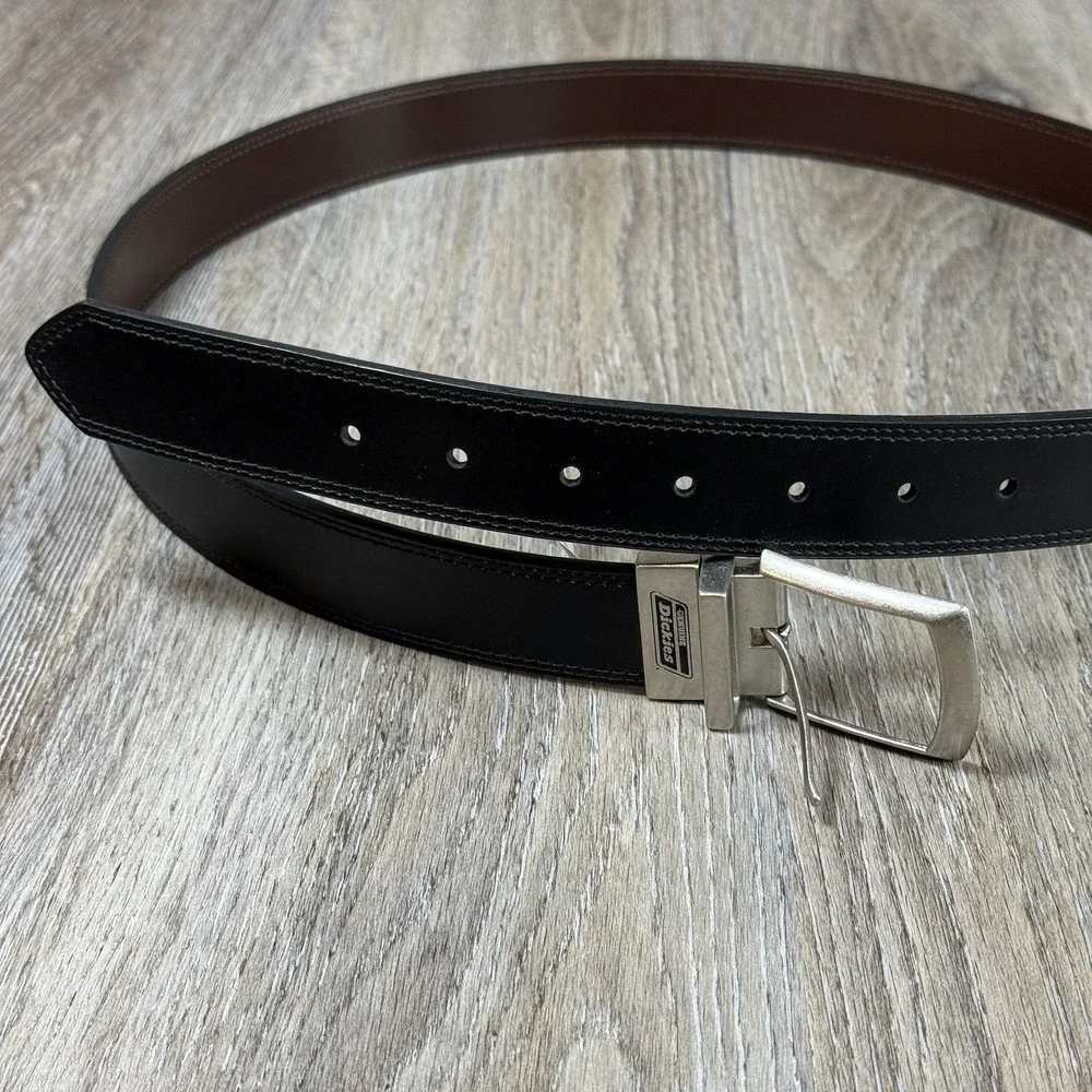 Dickies Genuine Leather Reversible Belt Mens 46 Black Brown Silver Buckle NEW